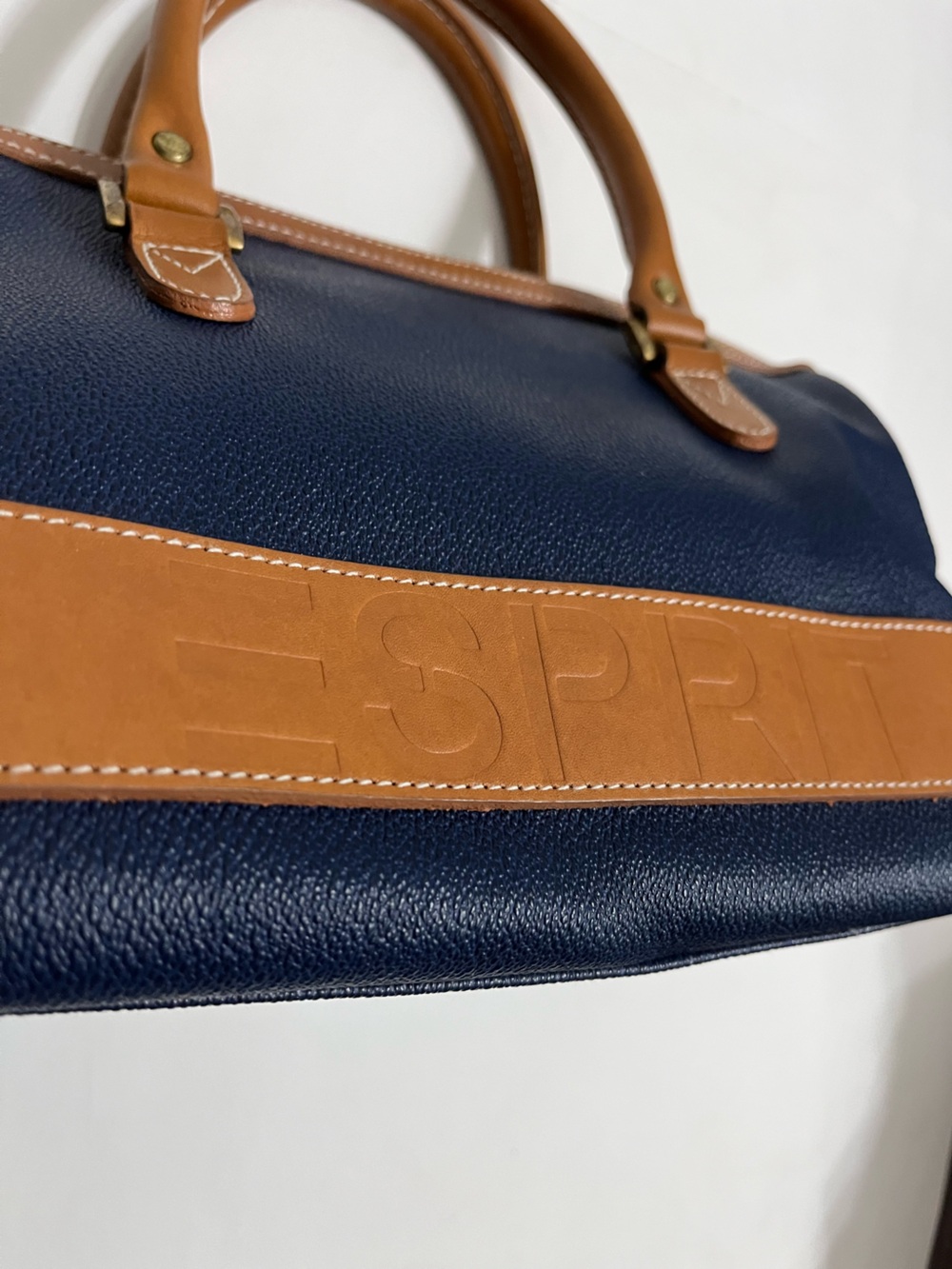 Vintage Esprit Navy and Tan Leather-Trim Tote - Picture 2 of 5